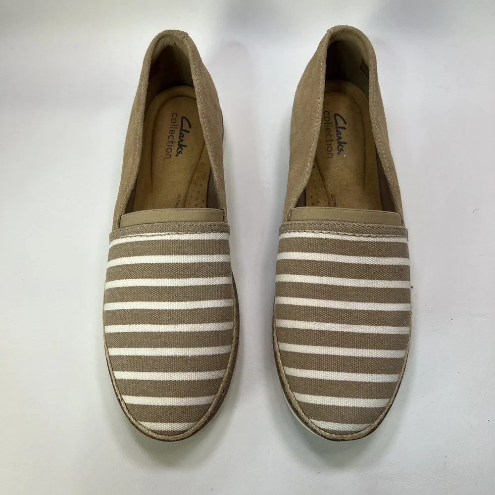 Clarks Womens‎ Serena Paige 9.5 Suede Stripped Canvas Slip On Espadrilles Ortho